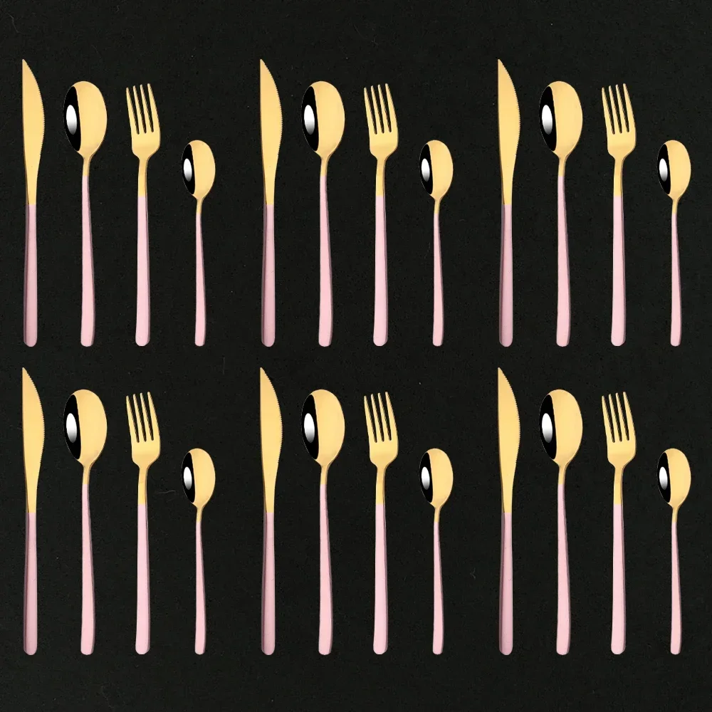 

Pink Gold 24Pcs Dinnerware Set Knife Fork Coffee Spoon Tableware Cutlery 18/10 Stainless Steel Flatware Home Kitchen Silverware