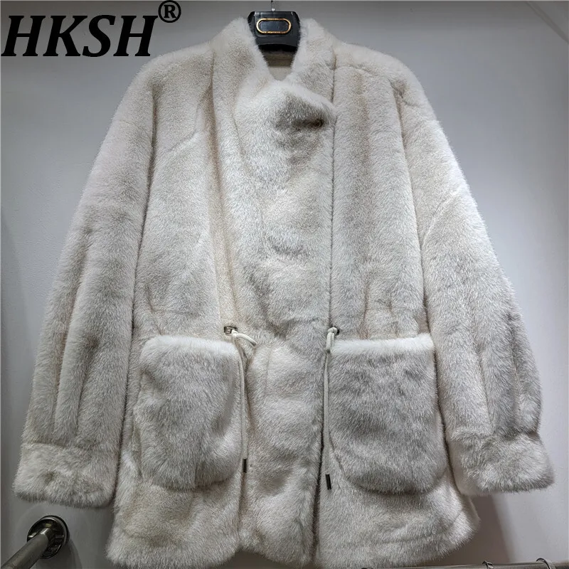 HKSH automne hiver nouveau manteau en fausse fourrure cordon taille-collant poches couleur unie pardessus de luxe élégant veste à la mode HK12969