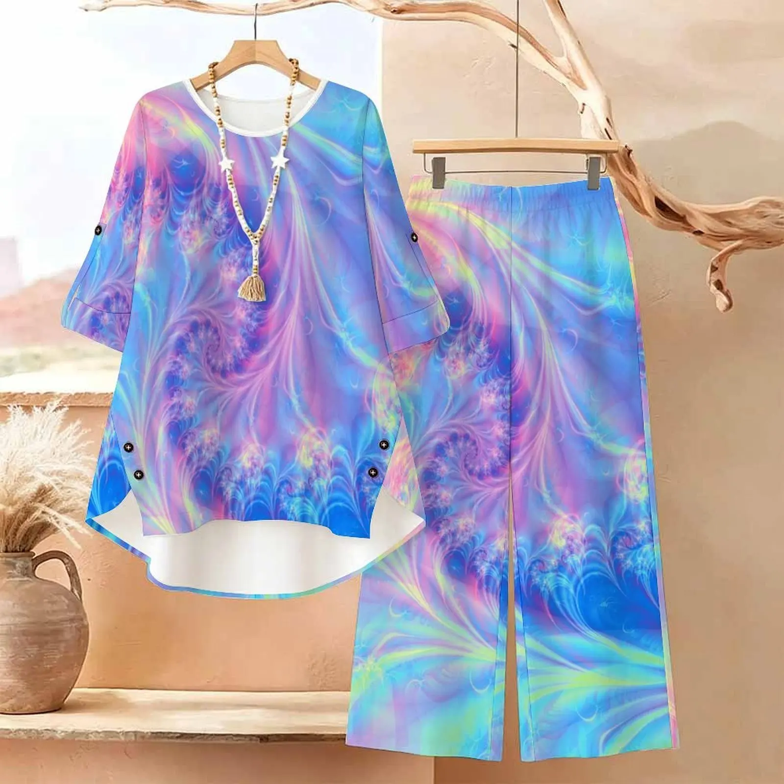 Printed Pants Elegant Top Button Long-sleeved Fashion Suit Autumn Women's Casual Sweatpants Round Neck Two-Piece Set