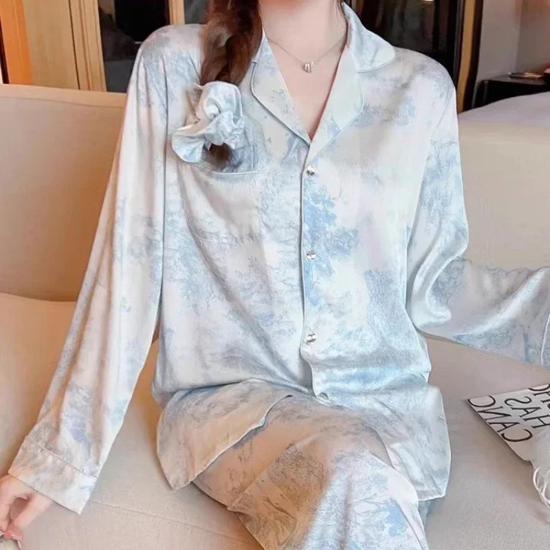 M-5XL Loose Brand Women Pajamas Set Luxury Sleepwear Print Smooth Faux Silk Pajama Set Home Clothe Nightclothes Summer Outfits