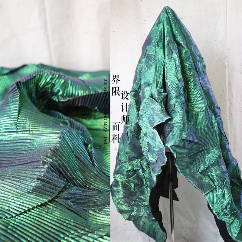 Fluorescent Green Pleated Fabric for Dress Graduation Design Fashion Handmade Diy Sewing Material Cloth Wholesale