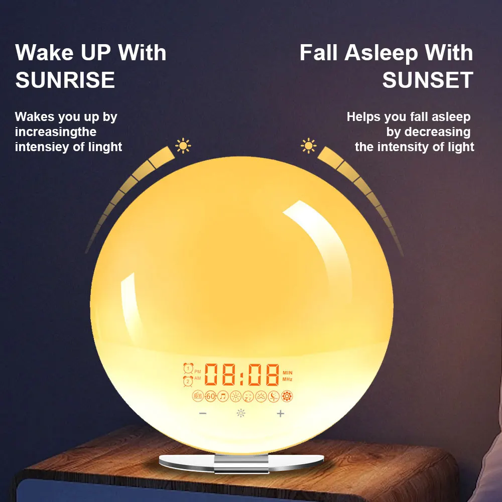 ساعة منبه لشروق الشمس مع ضوء صحوة، صوت نوم رقمي، ضوء ليلي، ساعة مكتب، جهاز مساعد للنوم، لون متغير، هدية مثالية