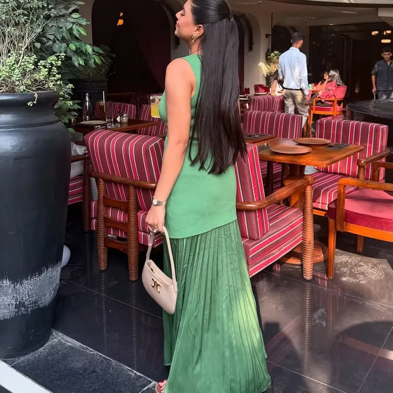 Gebreide lange jurken zomer patchwork geplooide vrouwelijke jurk groen korset mouwloze gehaakte jurk feest elegante jurken vrouw