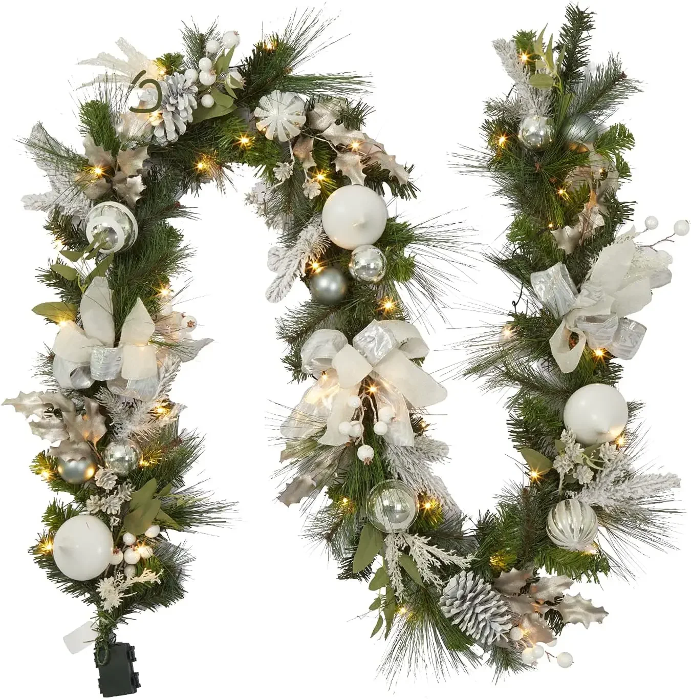 Garvee 6FT White Silver Christmas Garland with Lights & Timer for Mantle 20 LEDs 8 Modes Battery Operated, Lighted Winter Garland with Deer Antlers & Ball Ornaments for Fireplace Stairs - view 8