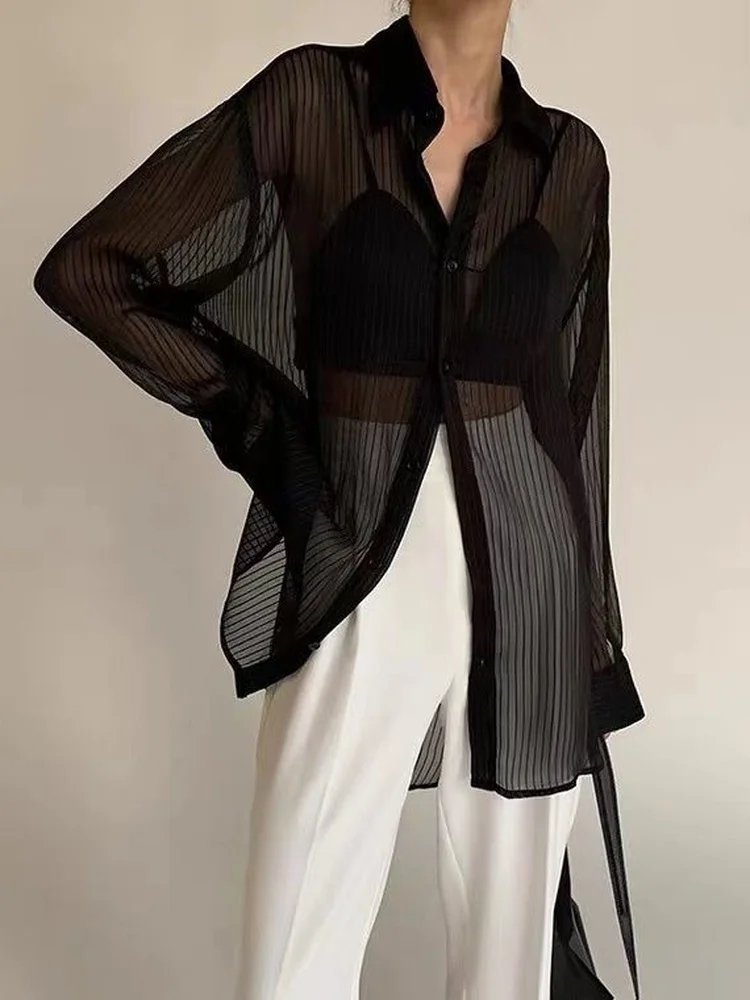 2024 New Women Striped Blouse Shirts Fashion Black See Through Button Turn-down Collar Top Harajuku Oversized  Sexy Shirt