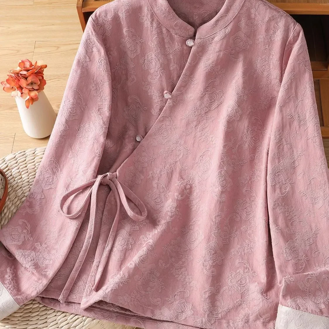 

Жаккардовая рубашка в китайском стиле ретро, закрывающая телесность, куртка-рубашка для женщин, осеннее косое чайное платье на шнуровке, свободный топ в стиле дзен