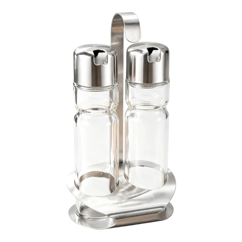 2 Glass Condiment Bottles with 304 Steel Caps and Sealing Design for Meal Preparation or Dining Table Service in a Shared Stand