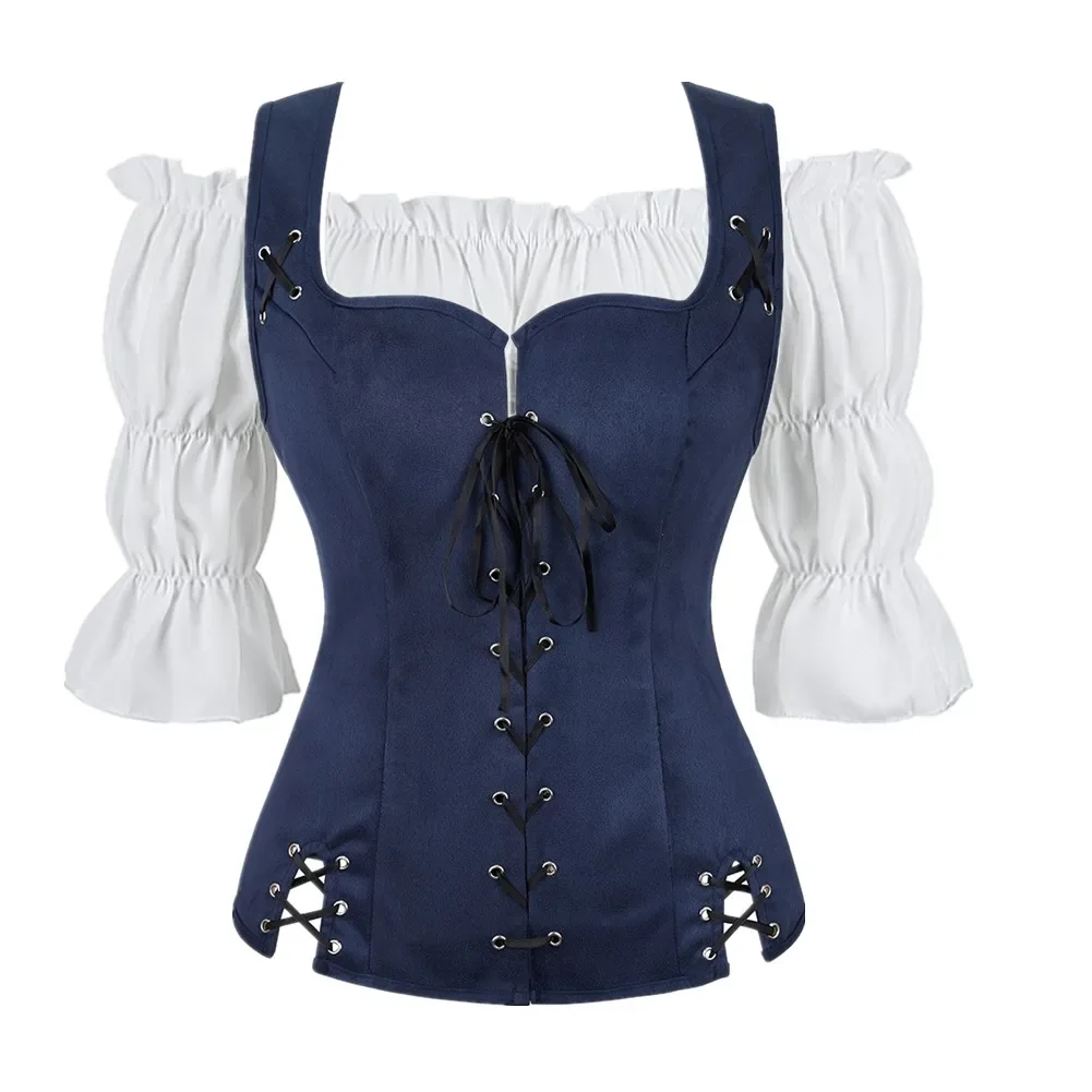 โจรสลัดยุคกลางเสื้อกั๊กสายรัด PLUS ขนาด Steampunk Gothic Lace Up Corset TOP ผู้หญิง Renaissance Off ไหล่เสื้อรัดตัว