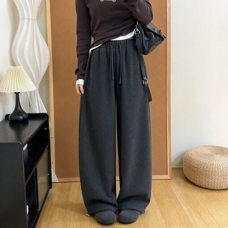 Korean Style Women Winter Thick Fleece Lined Pants Elastic Drawstring Waist 2 Ways Wear Wide Leg Jogger Pants Casual Loungewear