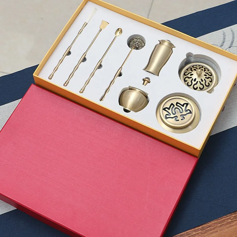 Complete Set of Brass Icense Tools Gift Box Chinese-style Household Copper Incense Burner with Zen-like Design Easy Convenient