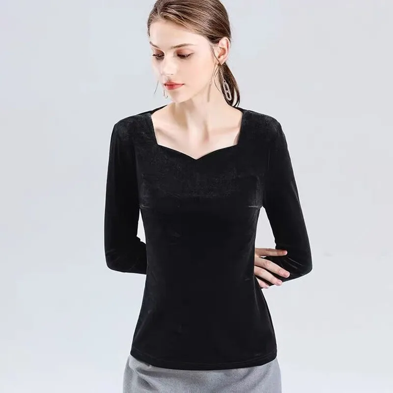 Woman Velour Shirts Spring and Autumn Women' Square Collar Slim Long-Sleeved Velvet Blouse Winter Warm Tops Mujer Camisetas