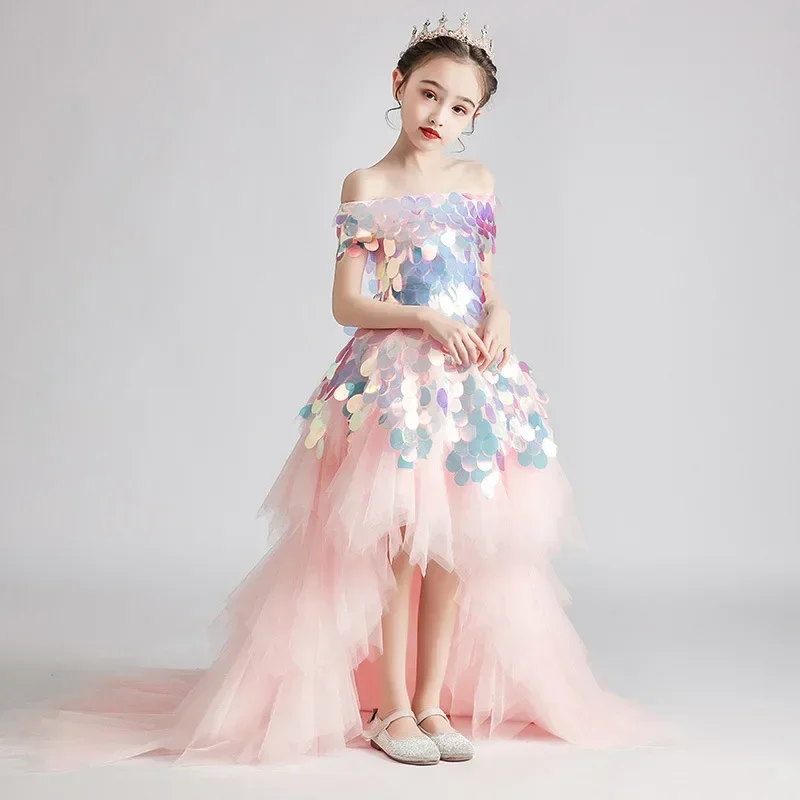 Flower Girl Dress Children Wedding Dresses Off Shoulder Kids Sequin Tulle Princess Gowns Girl Boutique Party Communion Frocks