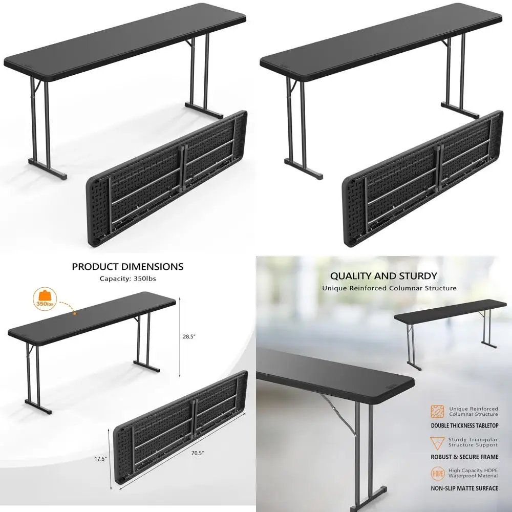 

Компактный складной стол длиной 6 футов с высококачественным HDPE и прочным металлическим каркасом, идеально подходит для буфетов, мероприятий и домашнего офиса, черный