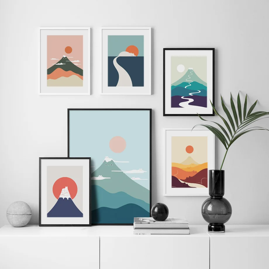 

Cartoon Mountain Sunrise Sunset Wall Art Canvas Painting minimalist Nordic Posters And Print Wall Pictures For Living Room Decor