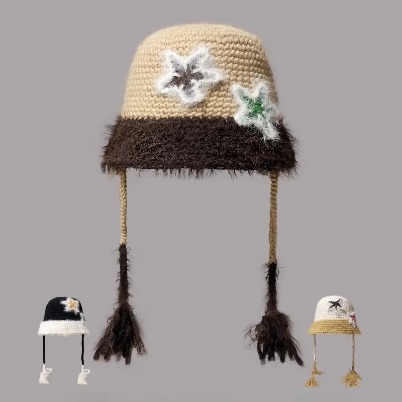 

Korean Color Matching Hand-crocheted Pentagram Plush Bucket Hats Women's Autumn and Winter Warm Lace-up Wide-brimmed Basin Cap