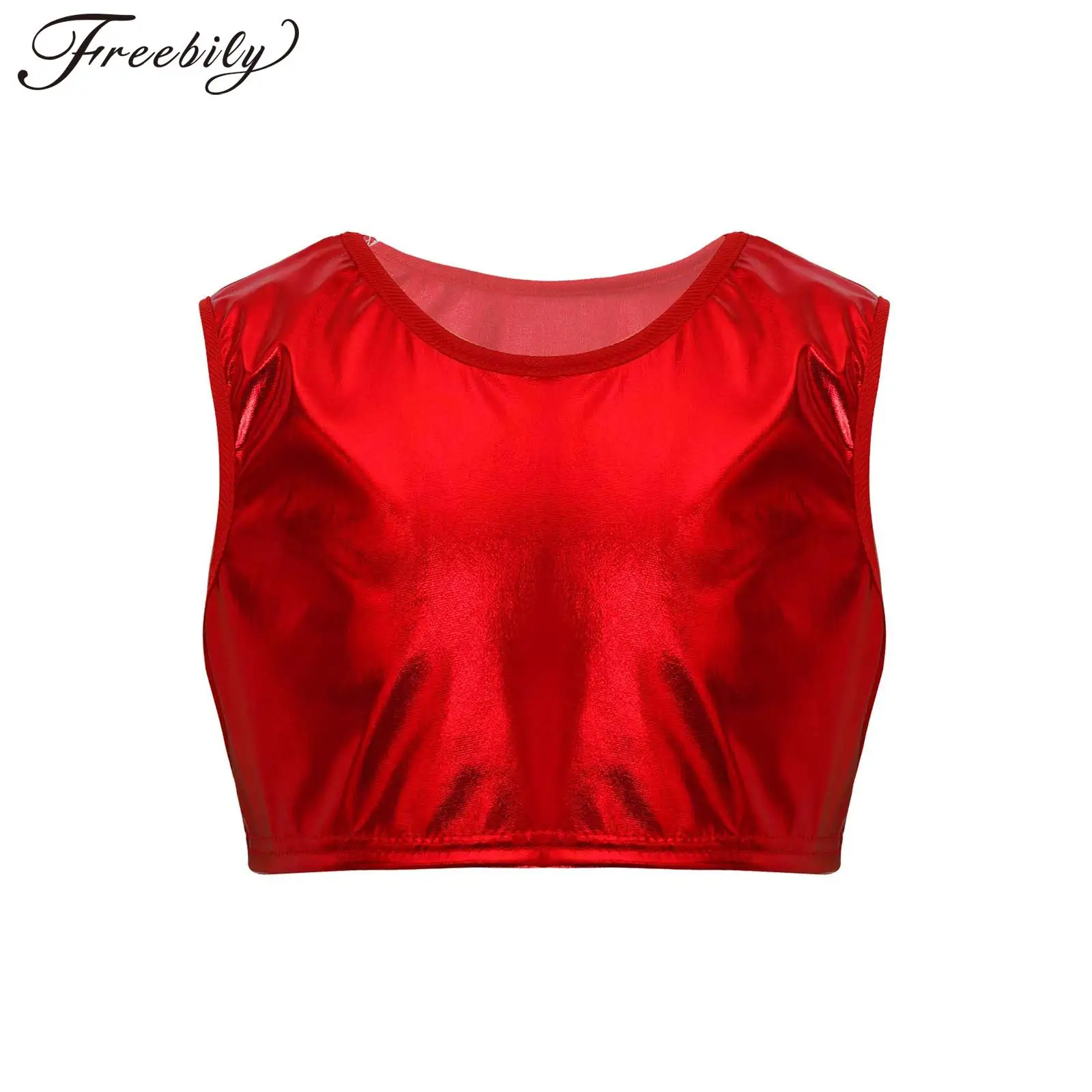 Kids Girls Shiny Metallic Sleeveless Round Neckline Crop Top Vest Ballet Jazz Modern Dance Stage Performance Costume Dancewear