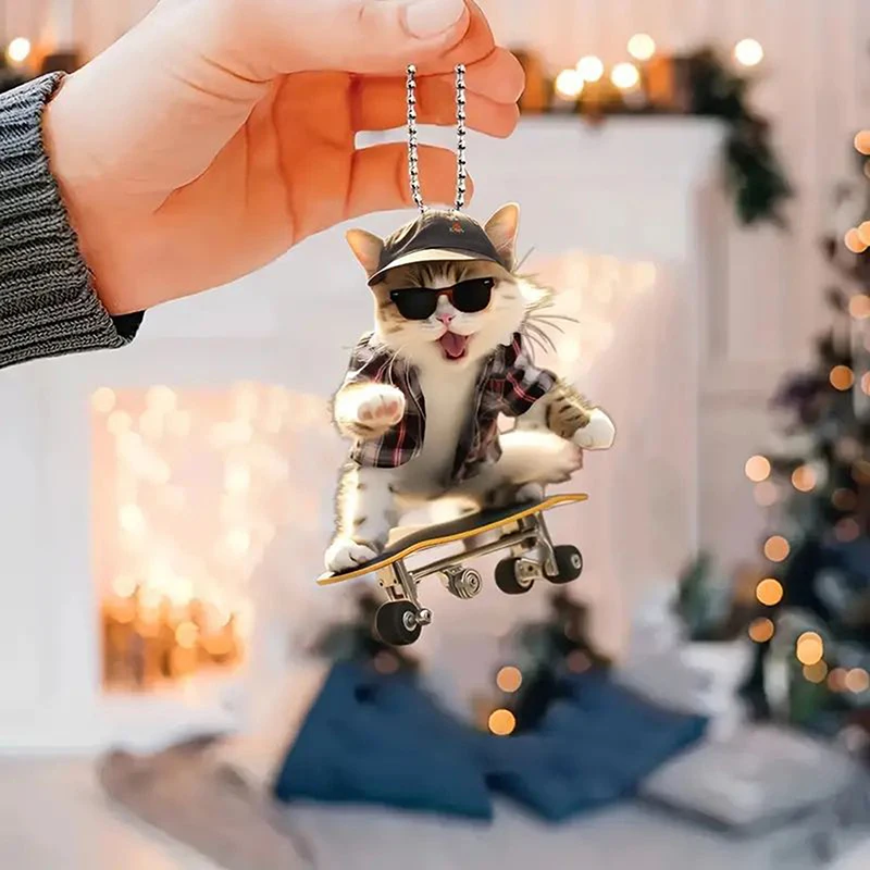 Creative Acrylic Flat 2D Cool Skateboarding Cat Pendant Auto Interior Car Pendant Interior Rearview Mirrors Ornament Car Decora