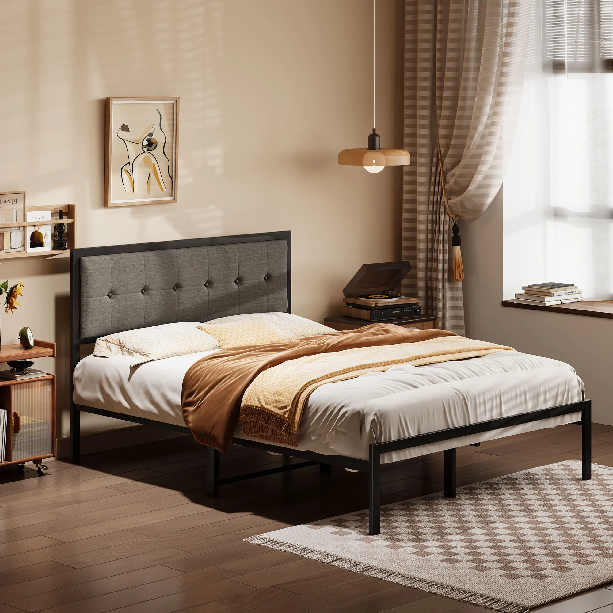 

Modern Customizable Iron Metal Bed Frame Soft Buttons Tufted Headboard Wholesale For Queen Sizes Bedroom Furniture For Hotels