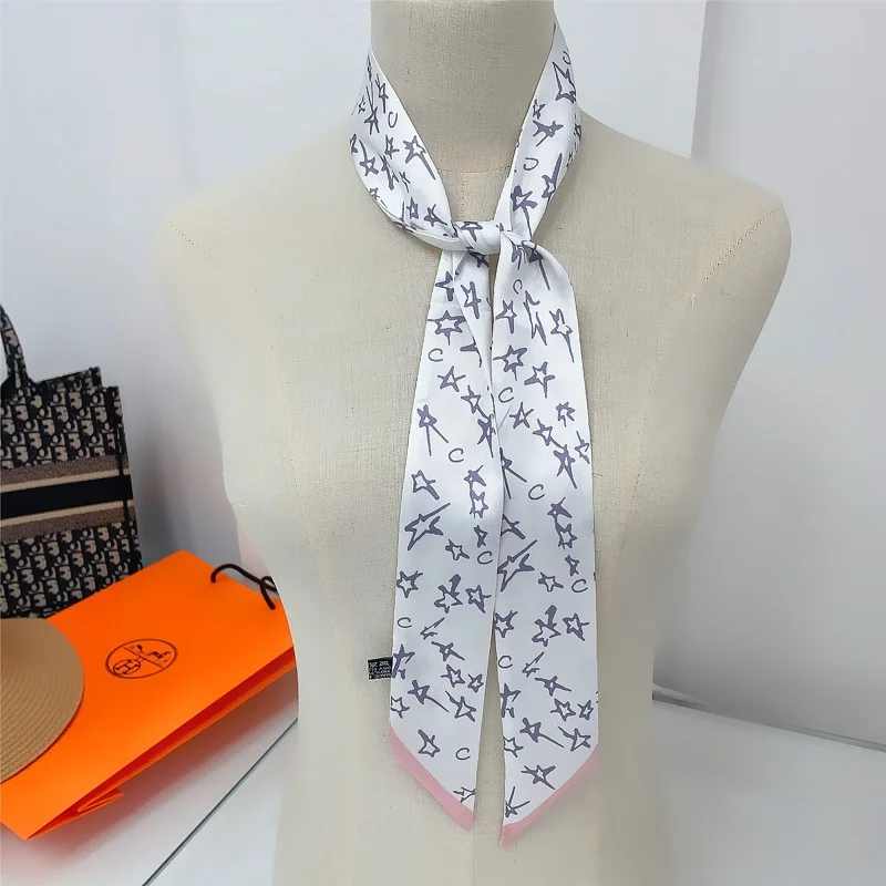 Black And White Flower Print Women Fashion Skinny Small Bag Twill Silk Scarf Ribbon Head Hair Handle Tie Scarf For Women