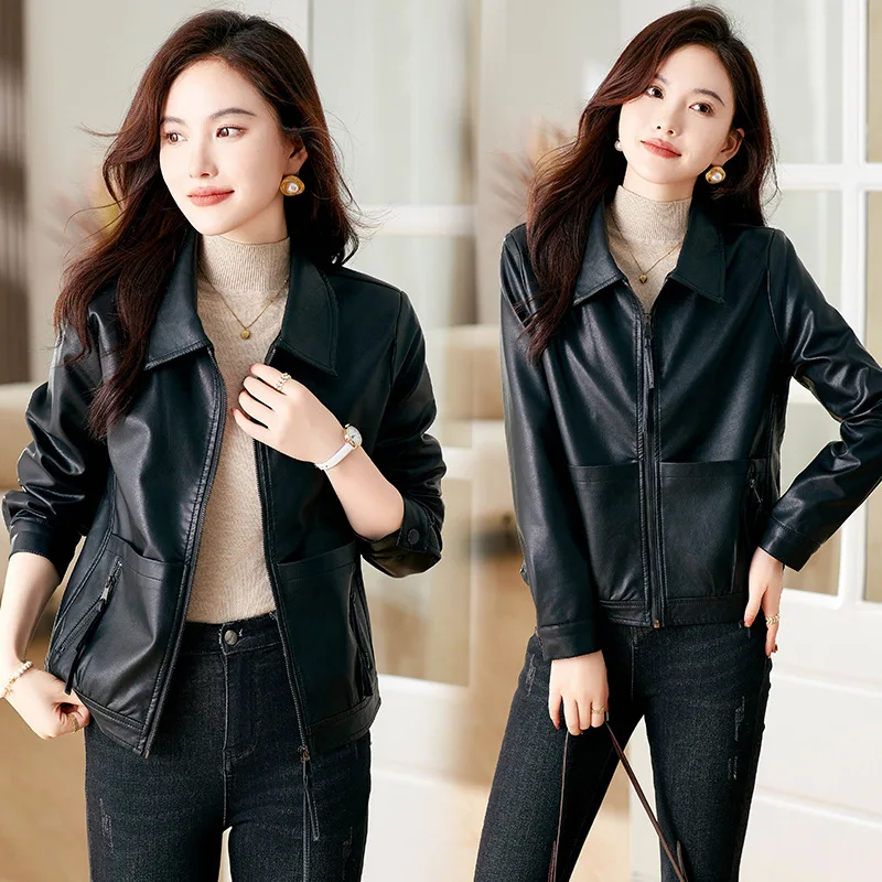 motorcycle leather jacket for women in spring and autumn 2024, new Korean casual jacket with loose fit, small stature, and