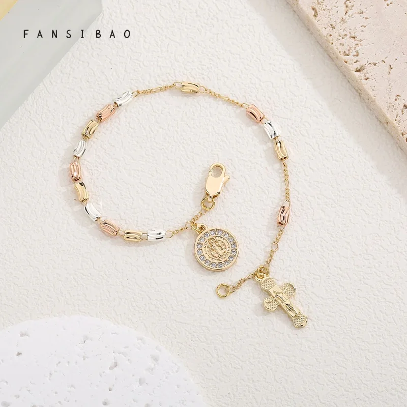 FanSibao Retro Style Virgin Mary Tricolor Prayer Bead Bracelet with Cross Element, Women's Fashionable Wrist Accessory