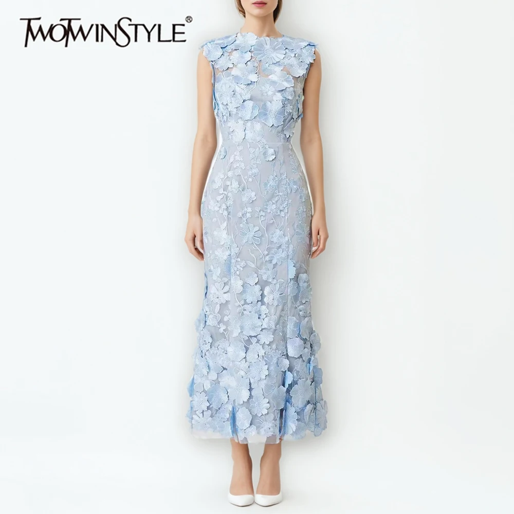 TWOTWINSTYLE Solide Abnehmen Verstärktes Applikationen Kleider für Frauen Rundhals Ärmellose Patchwork Sheer Temperament Kleid Weibliche Neue