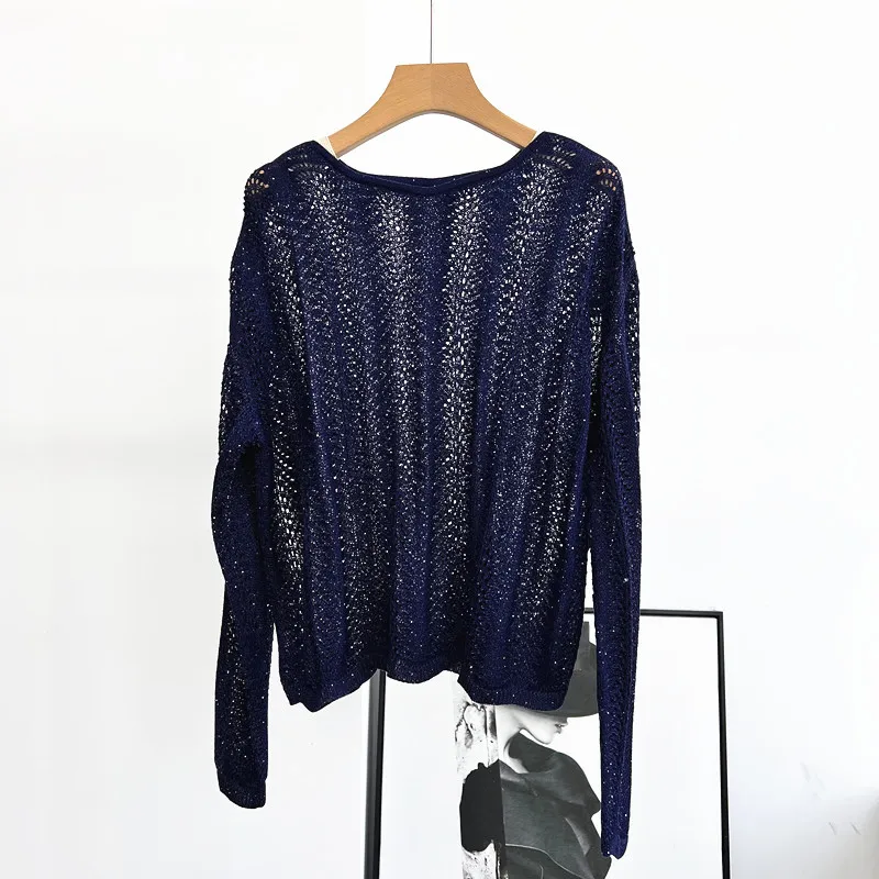 Sommer Mode Frauen Pullover One-Shoulder Kragen Langarm Schwere Hohl Pailletten Lose Dünne Gestrickte Top