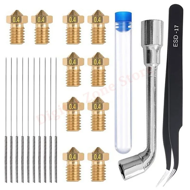 10Pcs 3D Printer 0.4mm E3D V5-V6 Brass Nozzle for 1.75mm Filament with 10Pcs Cleanning Needles and Nozzle Wrench, Tweezers Tools