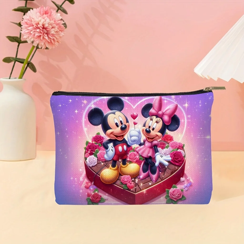ディズニー ミッキーとミニー ピンクとゴールドのハート型プリント化粧品バッグ、ジュエリー収納バッグ、完璧な旅行用ジッパー収納バッグ - 楽しい誕生日プレゼント 1個