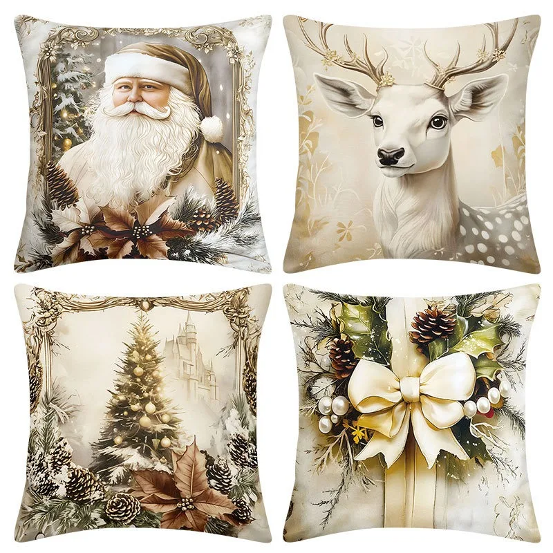 

Vintage Merry Christmas Pillow Cover 45x45cm Throw Pillowcase Winter Christmas Decorations for Home Tree Deer Sofa Cushion Cover