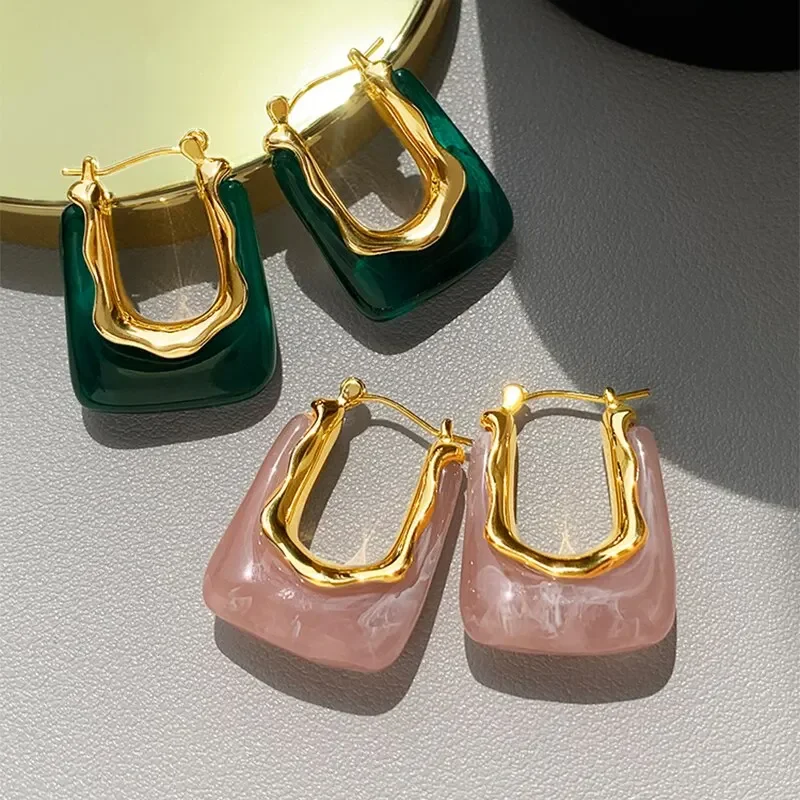 

Green Pink Transparent Resin Earrings for Women Girls Geometric Irregular Stud Earrings 2025 New Trendy Ear Jewelry for Party