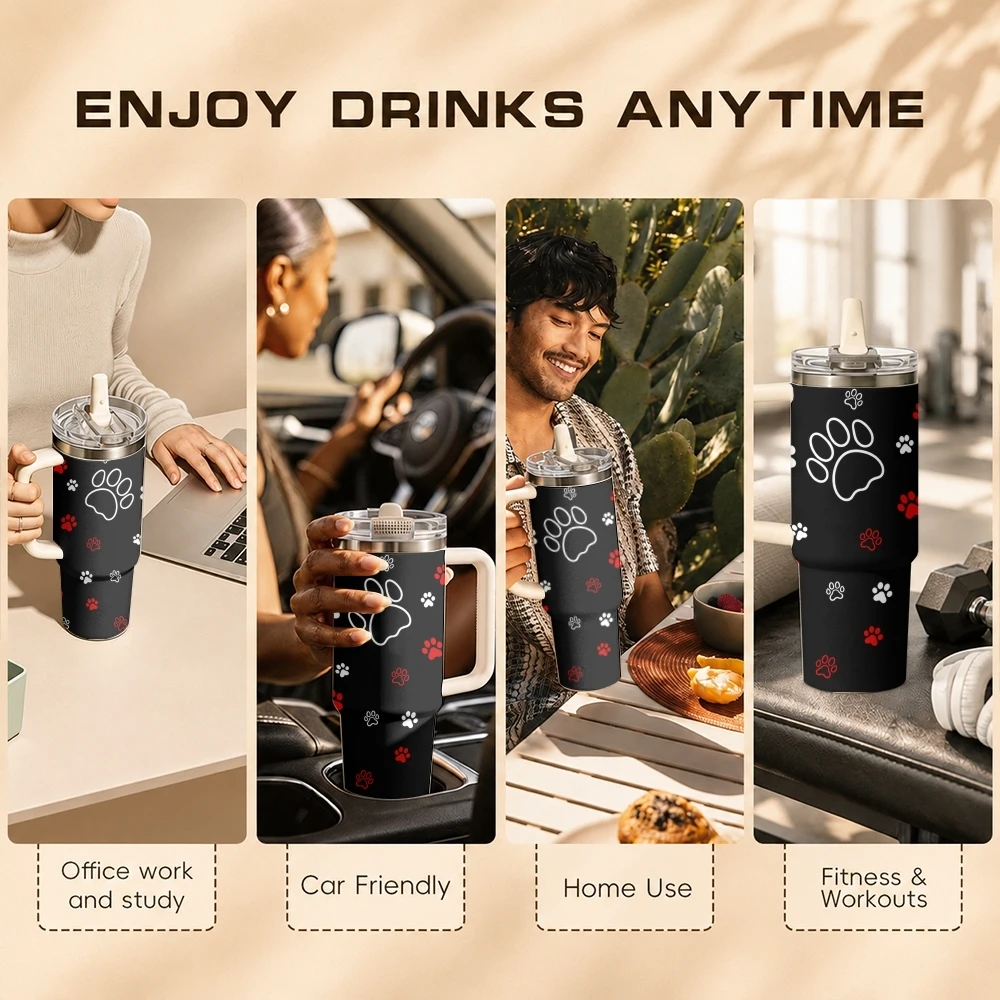 Fashion Bear Paws Vacuum Flasks 40oz Stainless Steel Tumbler with Handle Straw Lid Vacuum Insulated Double Wall Leak Proof