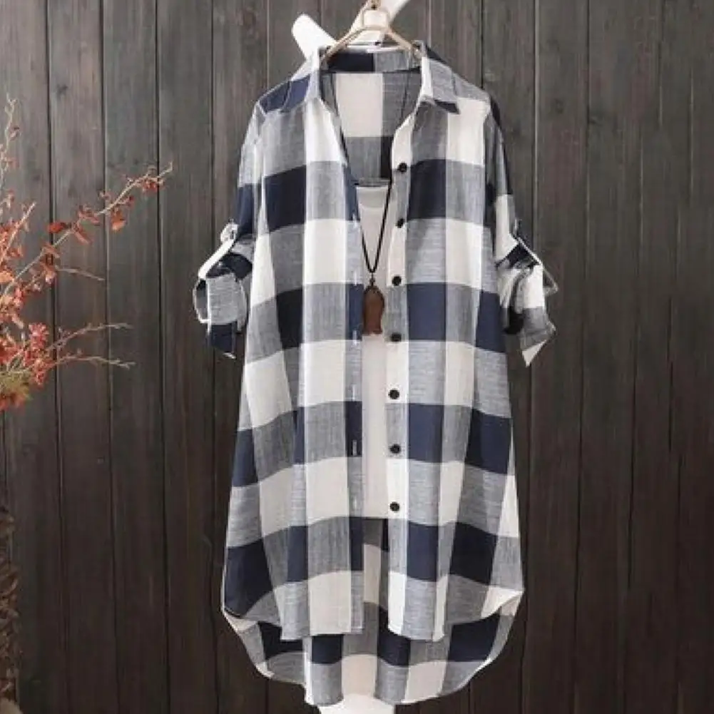 Stylish Sun Plaid Pattern Long Shirt Comfy Roll up Sleeve Buttons Closure Blouses Shirt Turn Down Collar Workwear