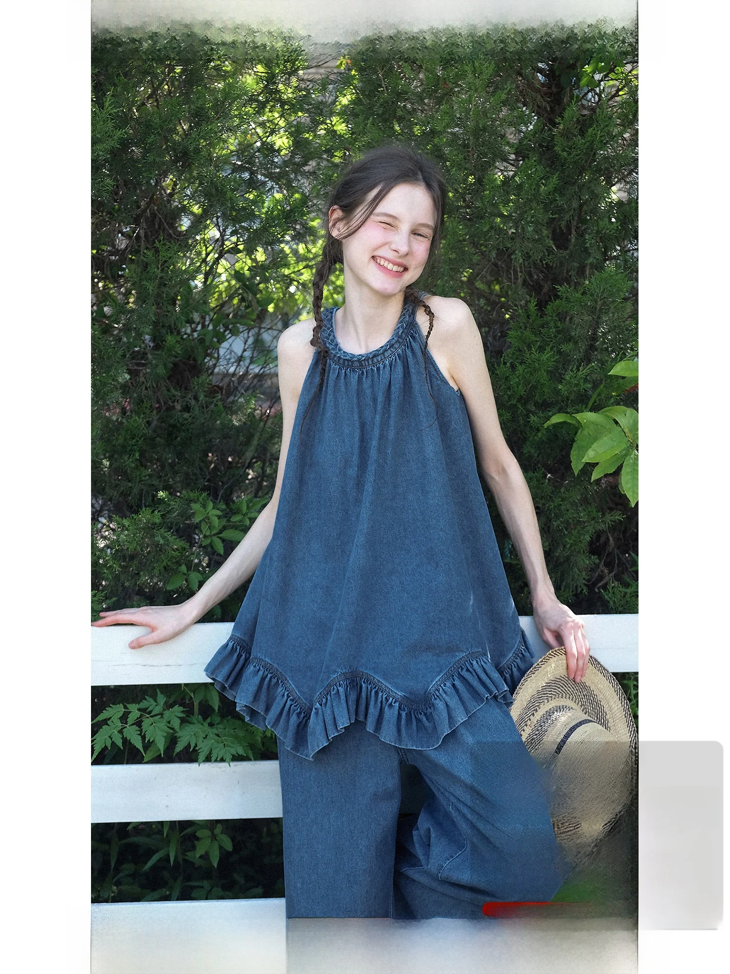 

Комплект женский летний: джинсовый топ с широкими брюками и воланами, ручная работа в скандинавском стиле, ретро, из смесового хлопка