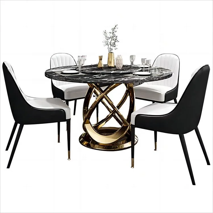 /High Quality Custom Dining Room Furniture Luxury Modern Golden Metal Marble Top Round Dining Table