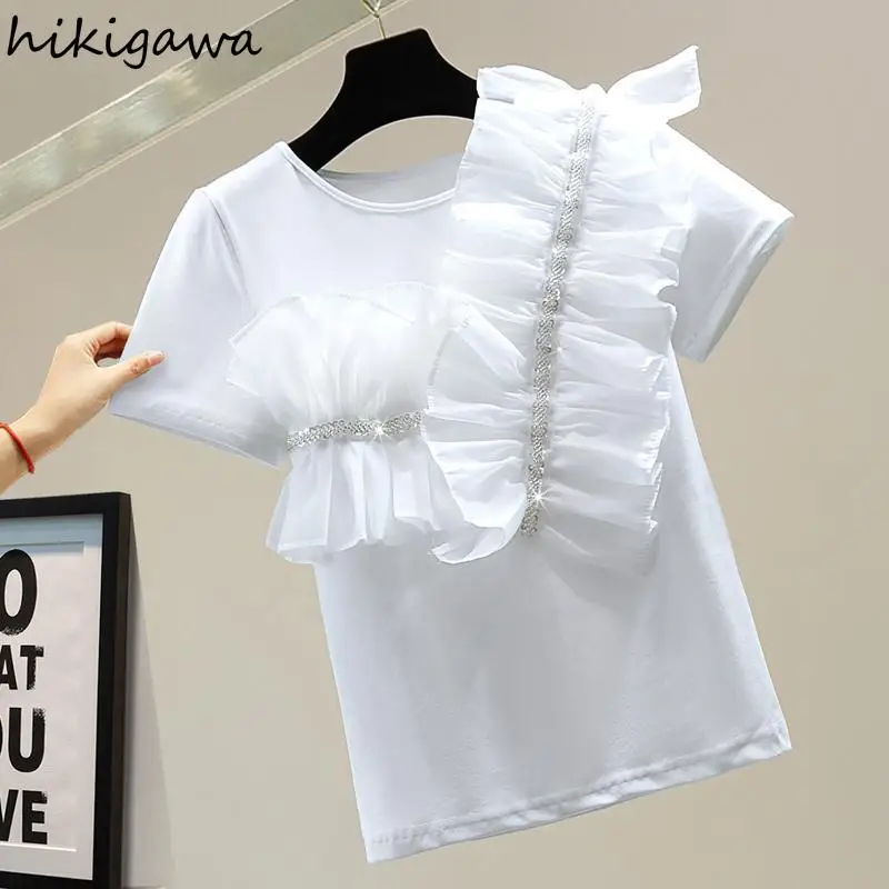 2023 Shirts for Women Ruffles Patcheork Tshirt Fashion Sequins Y2K Tops White Black T-shirts Ropa Mujer  Korean Summer Tees