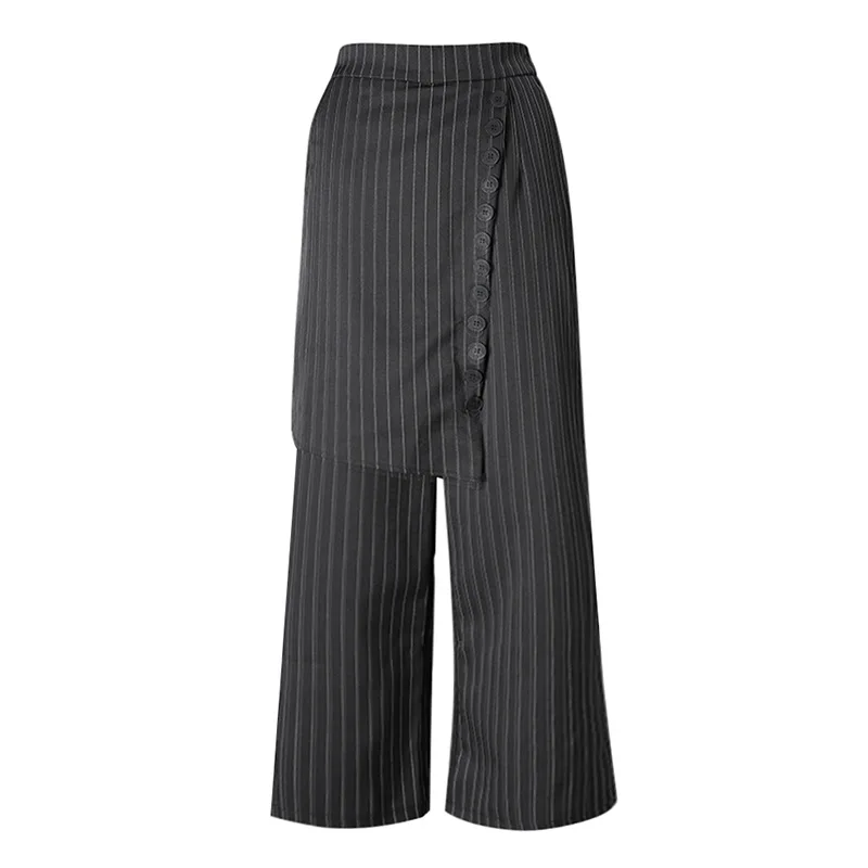 SuperAen Striped Wide-leg Pants Women's High-waisted Slim Loose-fit Single-button Asymmetrical Casual Suit Skirt Pants