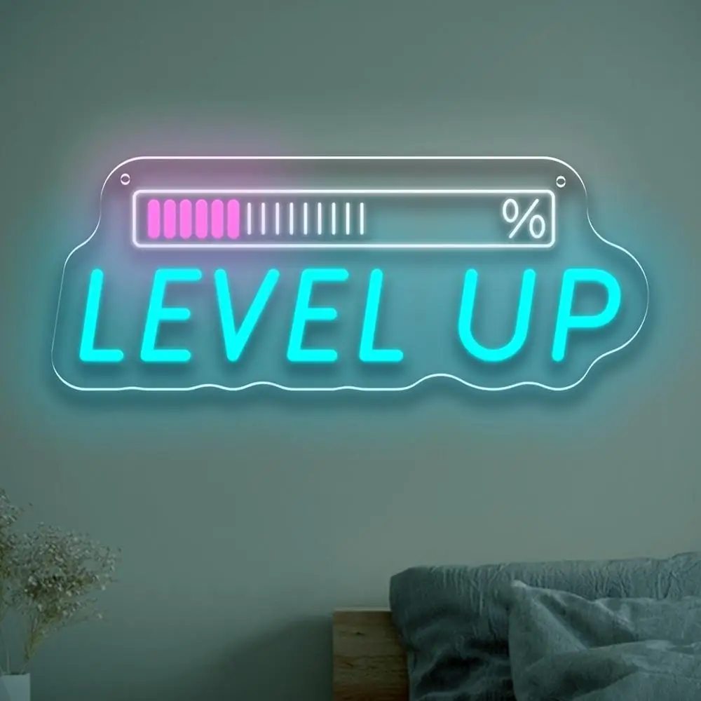 Level Up Neon Sign with Progress Bar LED Neon Light USB Dimmable for Gaming Room Party Club Motivational Wall Decor Gamers Gift
