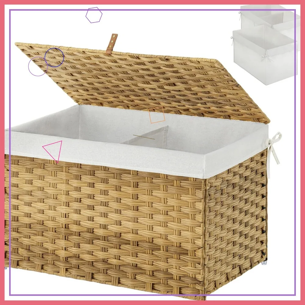 

Foldable Wicker Storage Basket with Lid, 65L Waterproof Laundry Organizer for Bedroom & Home