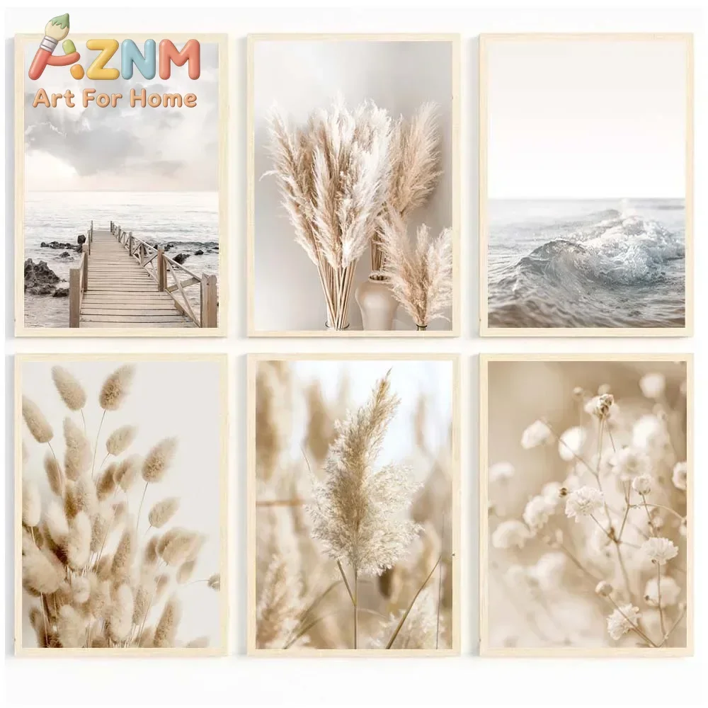2026 Sea Lake Bridge Canvas Painting Autumn Scenery Beach Poster Beige Leaf Reed Wall Art Print Nordic Wall Pictures Home Decor