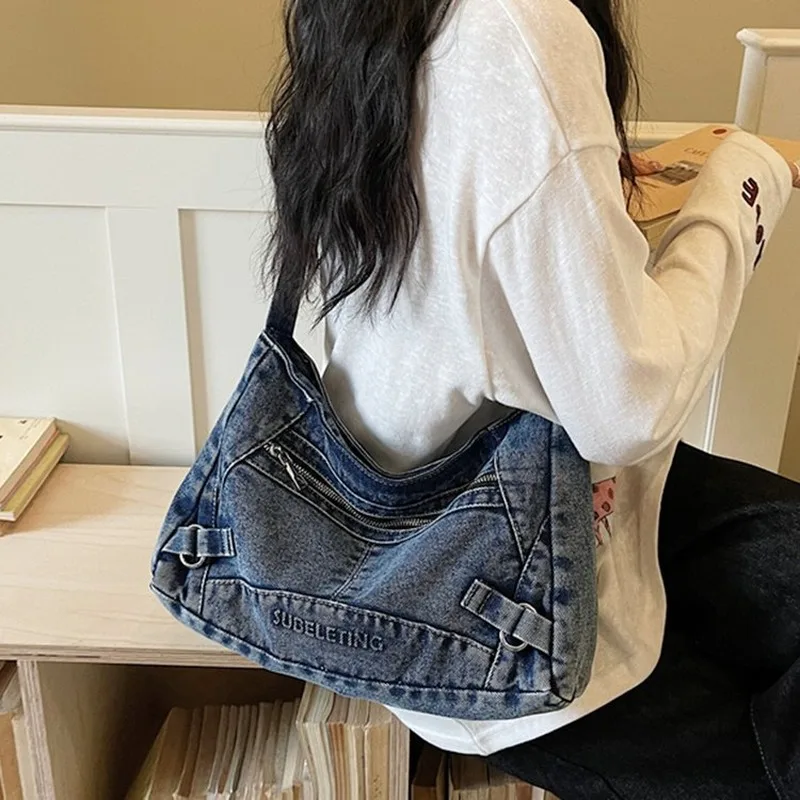 

Washed Denim Hobo Shoulder Bag, Casual Large Capacity Carry Bag for Women, Suitable for Daily Commute, Weekend Shopping, Short