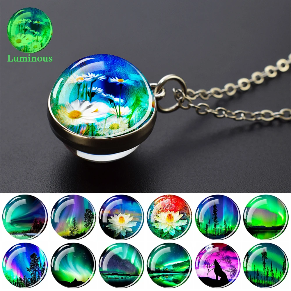 Luminous Colorful Aurora Borealis Life Tree Flower Wolf Necklaces Glass Ball Pendant Necklace Women Men Glow In The Dark Jewelry