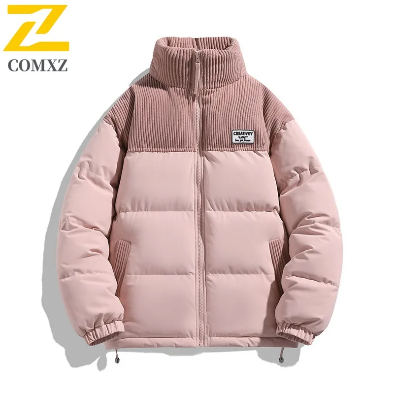 COMXZ 2025 Winter Fashion Stand Collar Loose Fit Color Block Cotton Jacket American style Windproof Warm Unisex Outdoor Coat