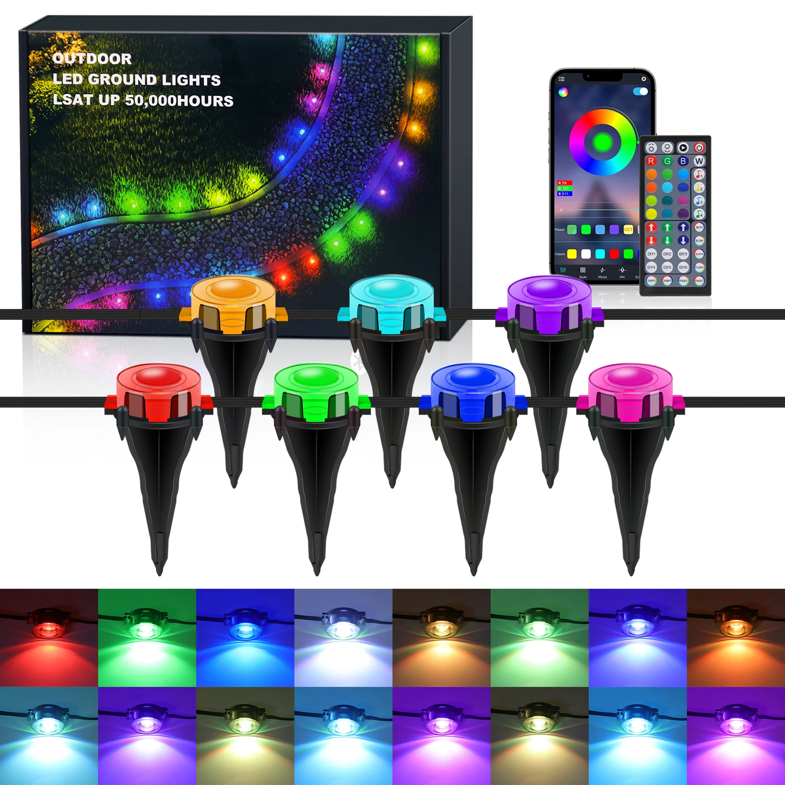 24V RGB Outdoor Ground Lights Bluetooth Music Sync Pathway Light IP67 Waterproof LED Landscape Lamp for Garden Patio Lawn Yard