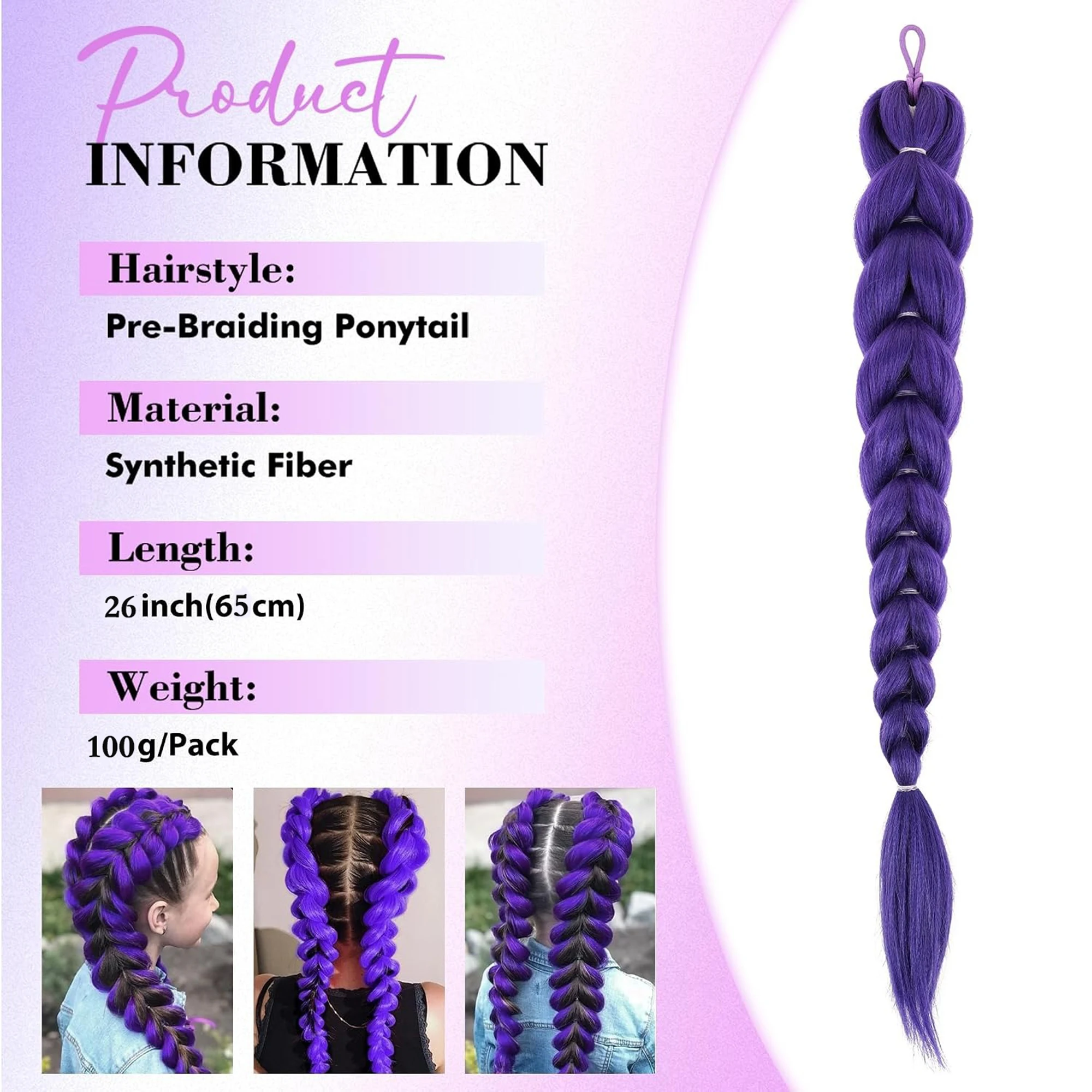Synthetic Purple Braided Hair Ponytail Costume Hairstyle Long Ponytail with Rubber Band and Clips for Kids Girls Christmas