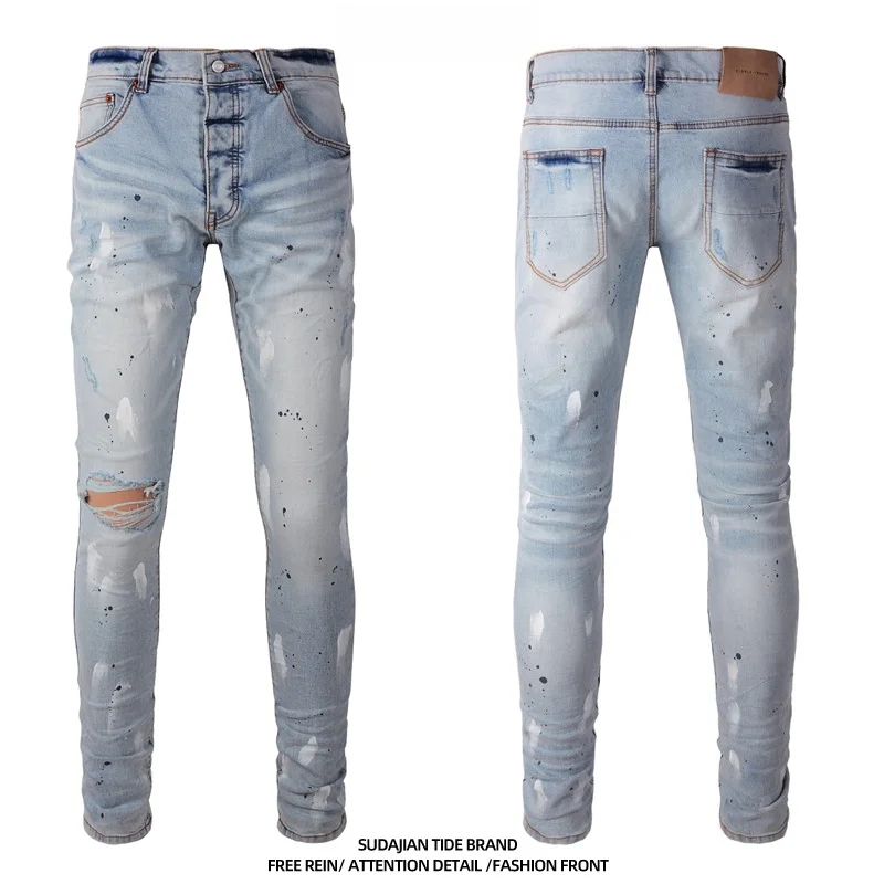 

Мужские джинсы слим-фит из высокоэластичного денима с прорезями на коленях, с эффектом напыления краски, повседневные, прямого кроя, со средней посадкой, из полиэстера и хлопка