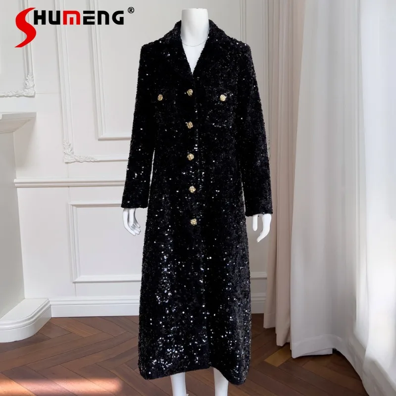 

Black Light Luxury Tweed Embroidered Sequined Autumn Winter Coat Socialite Slim Fit Padded Shoulder Long Sleeve Jacket Top Women