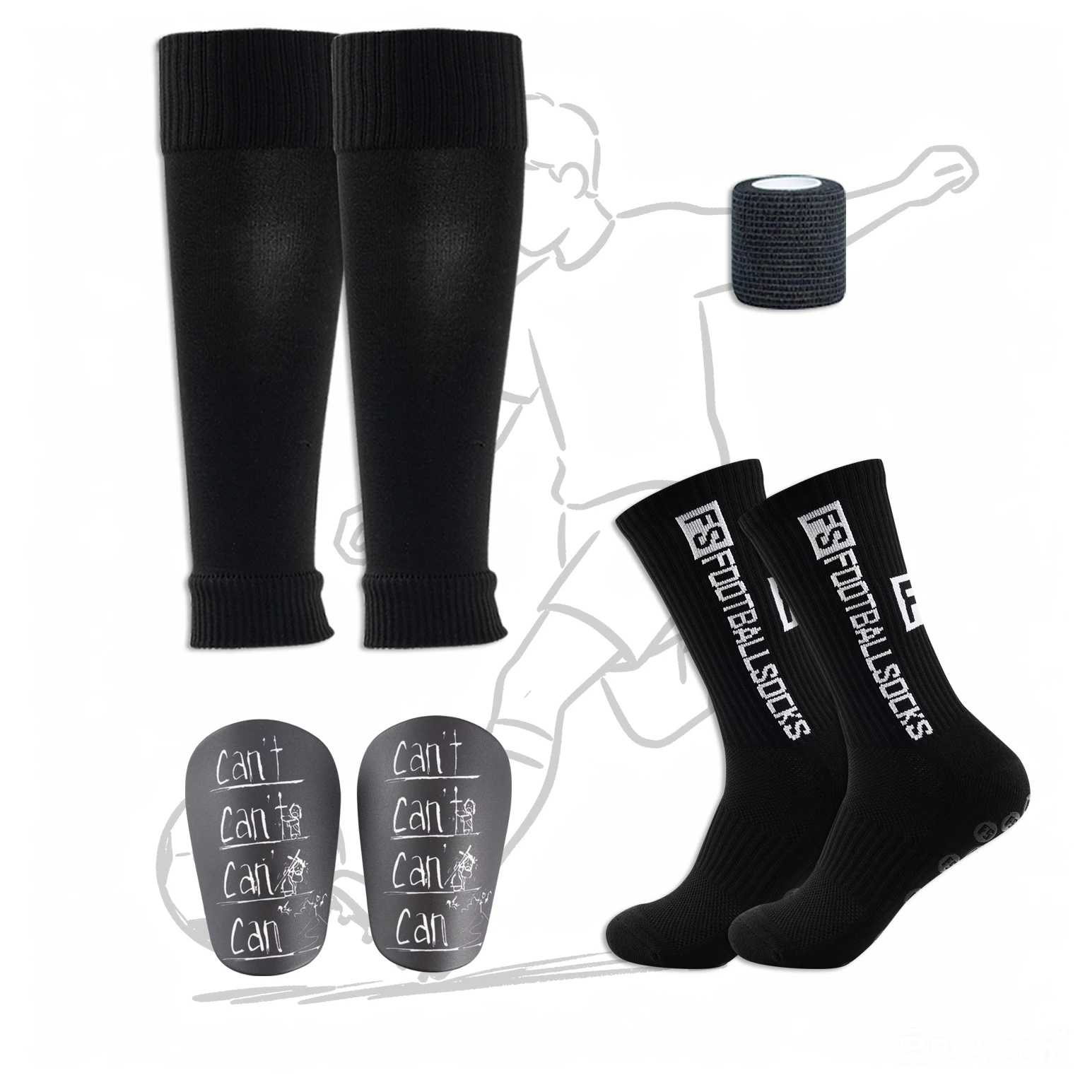 4 pieces - football sports equipment: Football socks, sports inserts, sports leg covers, sports bandages - available in multiple