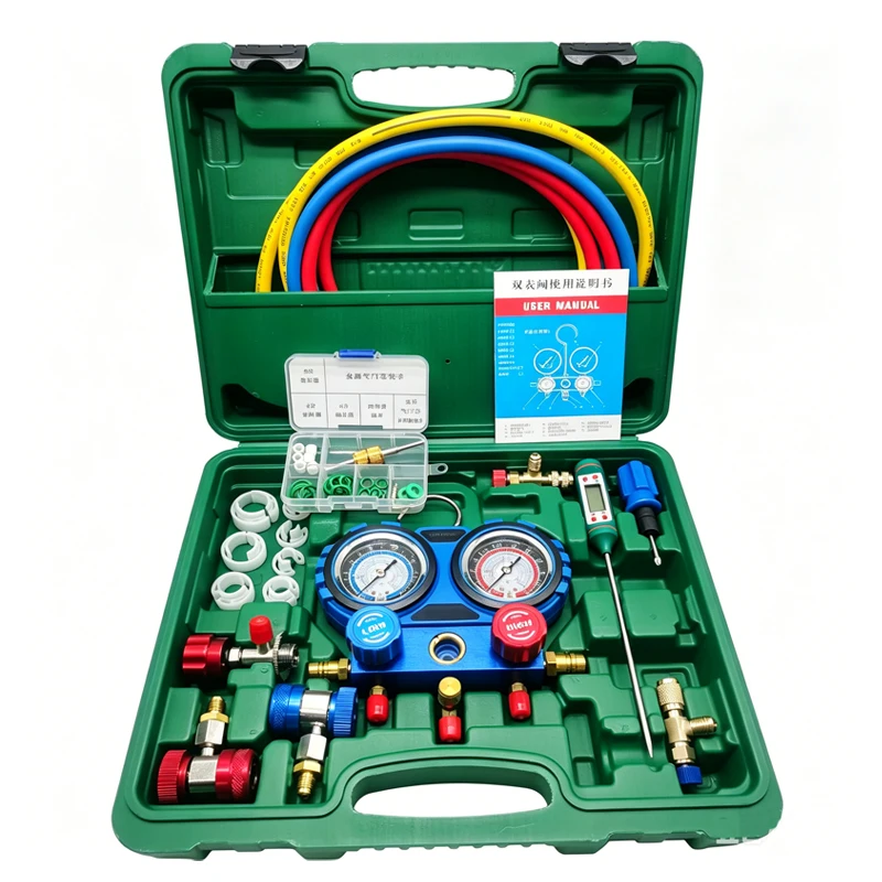 

Refrigerant Manifold Meter Kit for automotive air conditioning charging of R410A, R22, R134a, R404A refrigerants