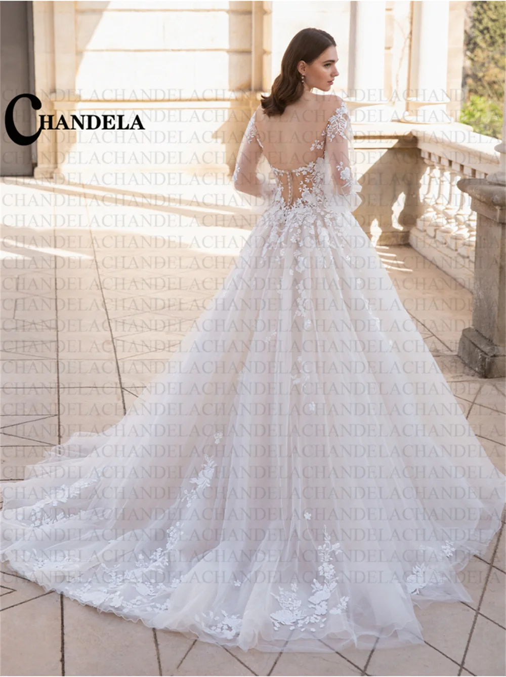 CHANDELA Elegant Wedding Dresses Puffy Sleeve Scoop A-Line Appliques Pleat Bridal Gown Vestido De Casamento Customised For Women